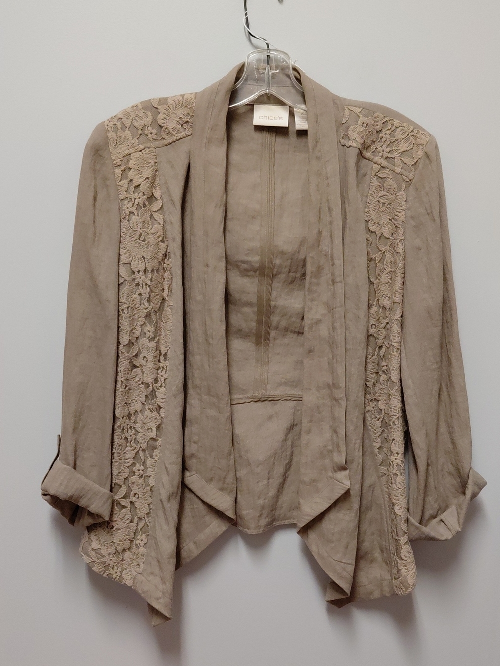 Chico's Taupe  Open Front Jacket with Lace Panels, Size 12